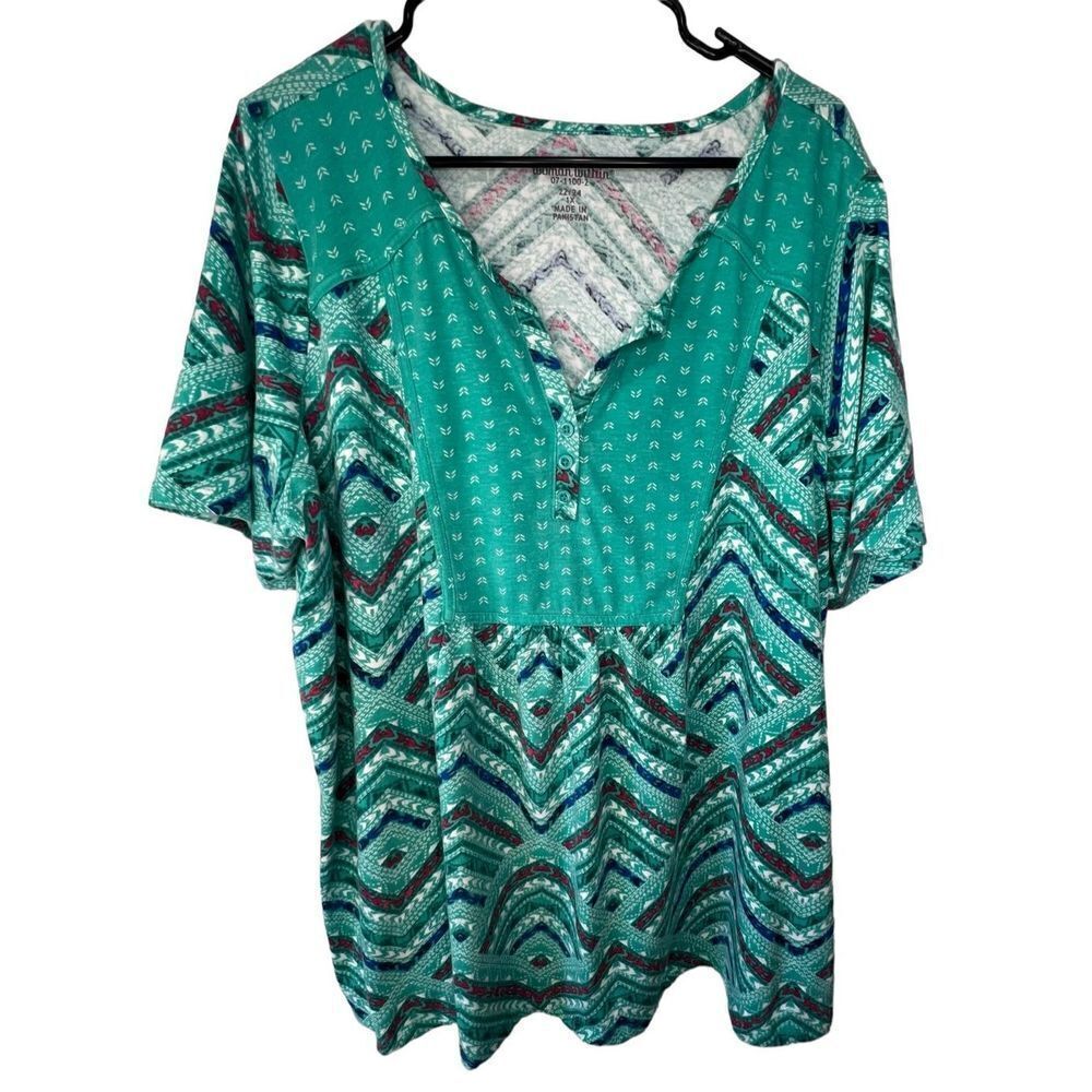 Woman Within Boho Short Sleeve Babydoll Top With Geometric Pattern